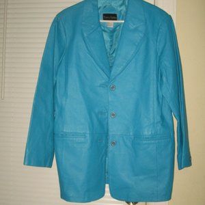❤️Womens 100% Leather TERRY LEWIS Classic Luxuries TURQUOISE  Coat Jacket Medium